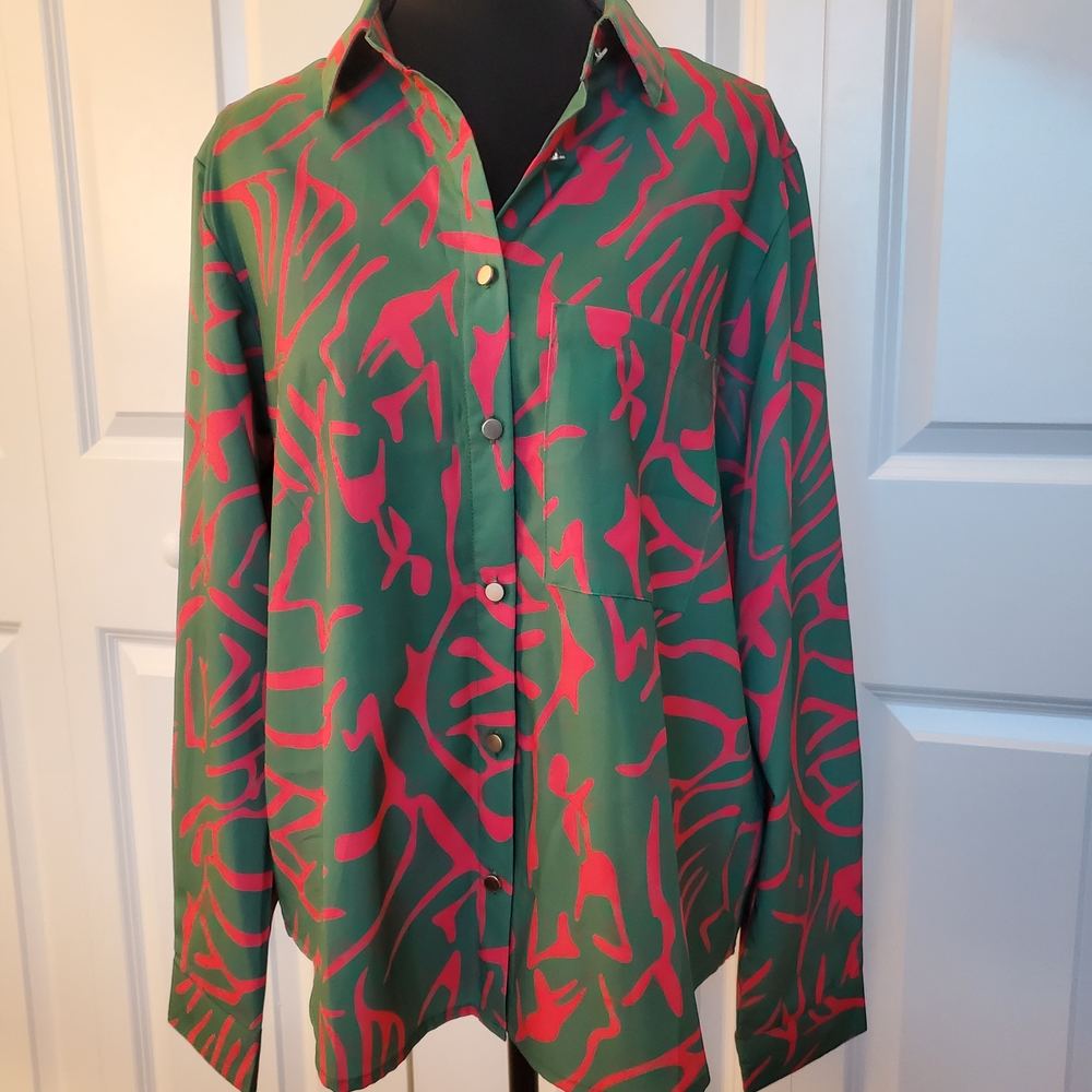 Green and Pink Button-Up Shirt